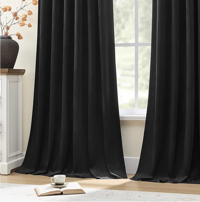 Extra Long Black Velvet Blackout Curtains 102 Inches, Super Soft Luxury Thermal Insulated Drapes for Bedroom & Living Room, Noise Reducing Room Darkening Curtain Back Tab & Rod Pocket, 2 Panels