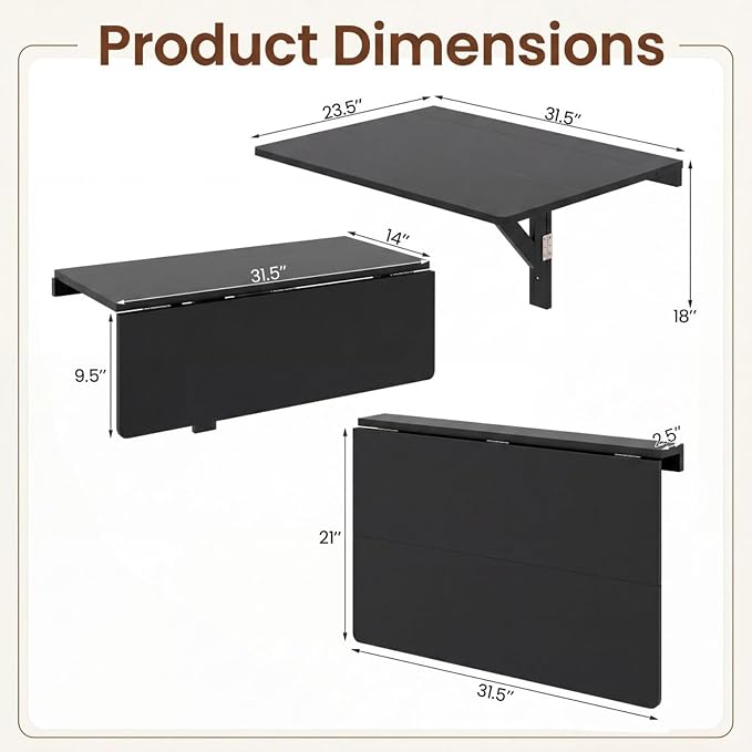 Tangkula 31.5" Wall Mounted Folding Desk, Drop-Leaf Floating Desk with Spacious Surface, Space-Saving Foldable Wall Table for Study, Bedroom, Laundry, Balcony & Small Spaces