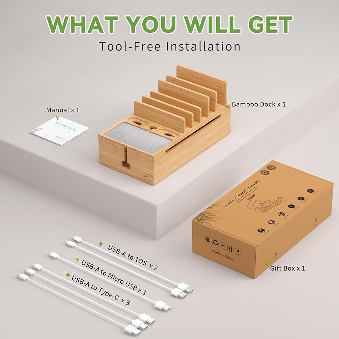 Pezin & Hulin Bamboo Charging Stand Rack, No Power Adapter Supply -Natural | Wooden Charge Box for Mobile Phones, Tablets, Smart Watch and Earbuds, Wire Cable Organizer Box, Bedside Dock Stand Holder