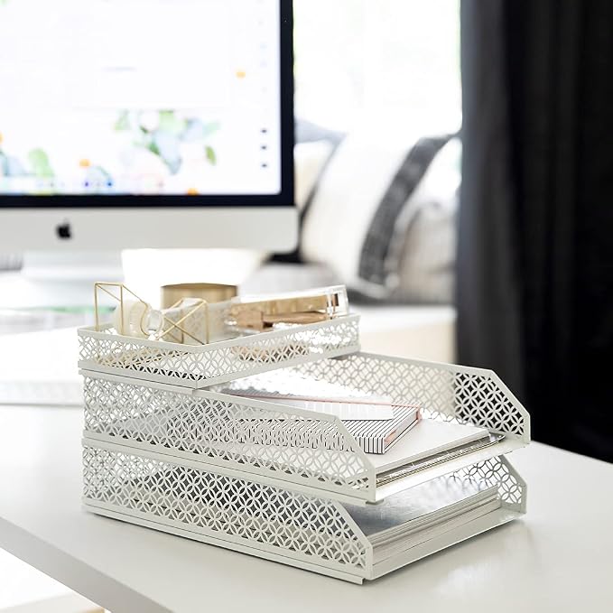 BLU MONACO | White Desk Organizer Set | 6 Piece Metal Desk Organizer with Pen Cup, Accessory Trays, and Letter Trays | Desk Organizers and Accessories for Office