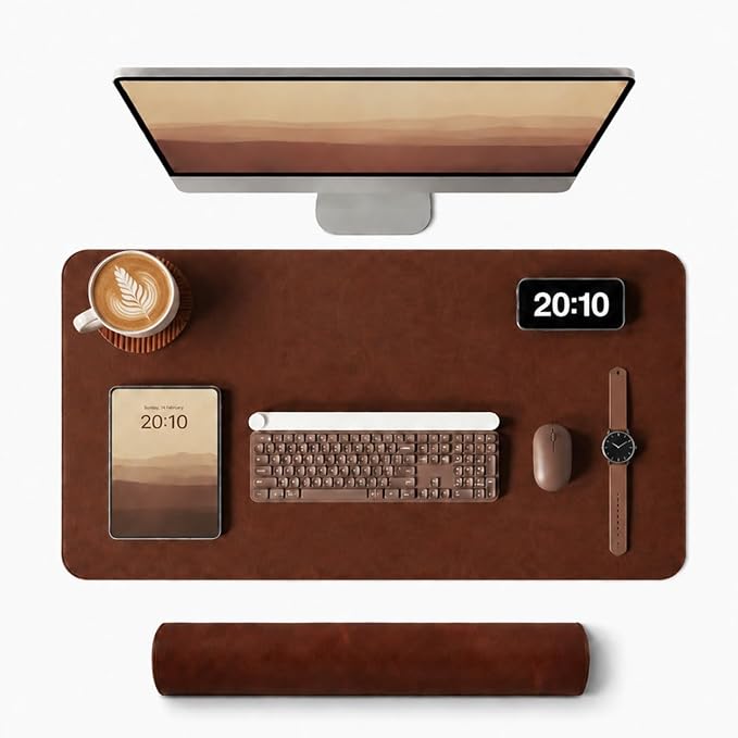 Leather Desk Mat & Mouse Pad - Desk Blotter Large 31.5X 15.8in | Desk Pad Protector for Office Desk, Non-Slip Waterproof PU Leather Desk Blotter & Writing Pad, Red Brown