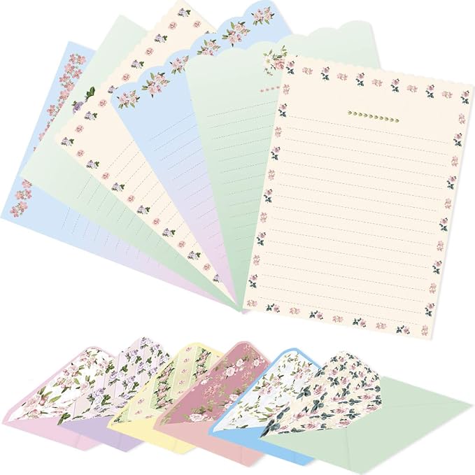 Ceiba Tree Cute Floral Stationery Letter Paper (48 PCS) 7.1 x 5.2 inch Lined Matching Envelopes (24 PCS) Double Sided for Invites
