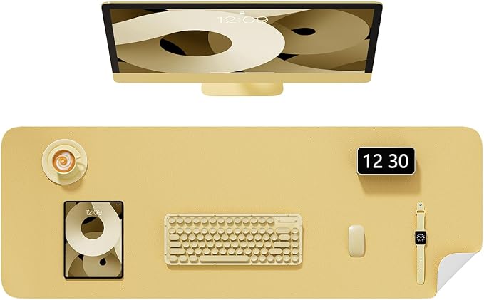 Desk Pad, 48" x 17" PU Leather Non-Slip Desk Mat Large Mouse Pad for Desktop, Waterproof Laptop Computer Writing Mat for Office, Home, Work, Gaming, Pale Yellow
