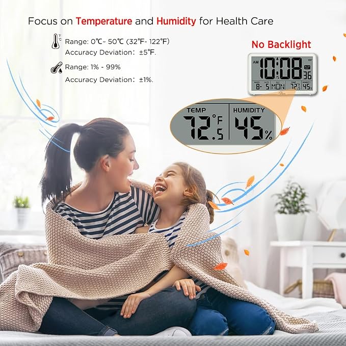 WallarGe Auto Set Digital Wall Clock Battery Operated, Auto DST | Desk Clock with Temperature, Humidity and Date, Large Display Digital Calendar Alarm Clock for Bedroom, Office, Classroom