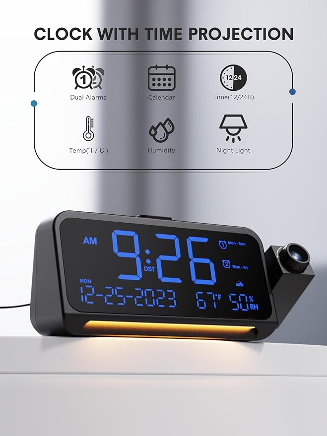 Mesqool Projection Alarm Clock Ceiling Display, with Temperature, Humidity | Dual Alarms, 5-Level Dimmer, Date, Night Light, Weekday/Weekend Mode, 12/24H, DST, , Snooze, 180° Rotatable, for Bedroom