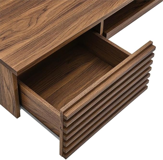 Pemberly Row Wall Mount Office Desk, 60 in Wide Particleboard and Wood, Walnut Finish, Pull-Out Keyboard Tray, Cable Management, Full-Extension Glide Drawers, Mid-Century Style for Home Office or