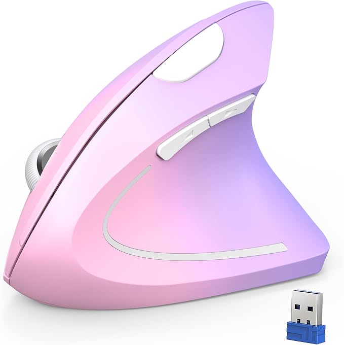 TECKNET 2.4G Ergonomic Mouse Vertical Wireless 4800 DPI Carpal Tunnel Mouse | 5 Adjustable DPI, Optical Tracking, 12 Months Battery, Quiet, 6 Buttons for Laptop, PC, Computer, Right Hand, Pink Purple