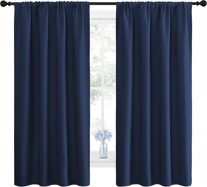NICETOWN Bedroom Curtains Blackout Draperies - All Season Thermal Insulated Solid Rod Pocket Top Blackout Curtains/Drapes for Kid's Room (Navy, 1 Pair, 42 x 63 Inch)