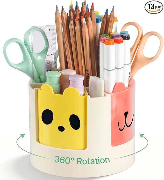 Uniclife 360° Rotating Pen Holder for Desk, 13 Slots Rotating Pencil Holder with Stickers, 360 Degree Spinning Desk Organizer, Cute Desktop Stationery Organizer Marker Organizer Art Supply Organizers