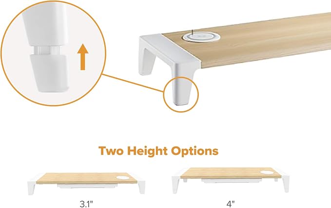 Bostitch Office Wooden Monitor Stand with Wireless Charging Pad, Drawer for Storage, Adjustable Height Riser Includes Removable Non-Skid Rubber Feet - Wood Grain and White (STND-2408WH)
