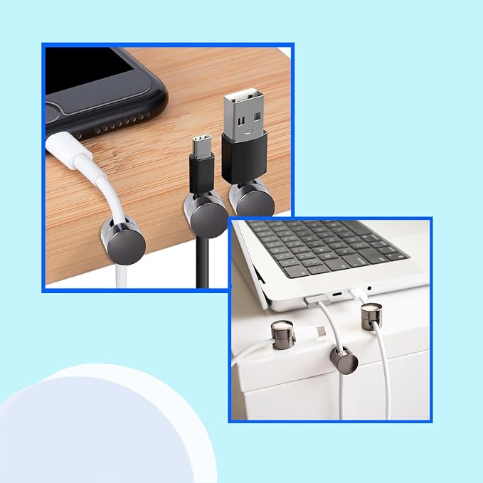 6 Sets Charger Cord Holder, Glossy Black Metal Adhesive Cable Management Clips,Adjustable Phone Cable Anchor Holders,Wire Organizer for Desk, Wall, Home, Office, nightstand, Dresser, Chandelier