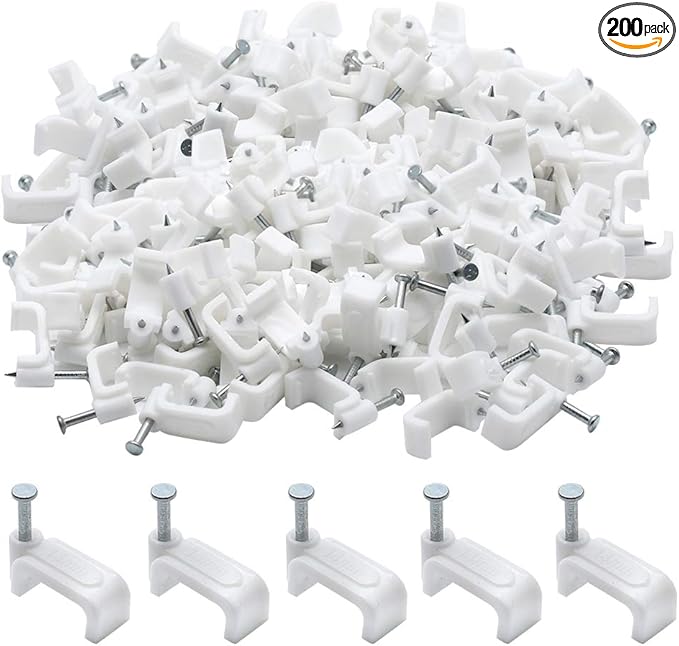Flat Ethernet Cable Wire Clips with Nail, 14mm, White, 200pcs | Single Coaxial Cable Clamps, Cable Management