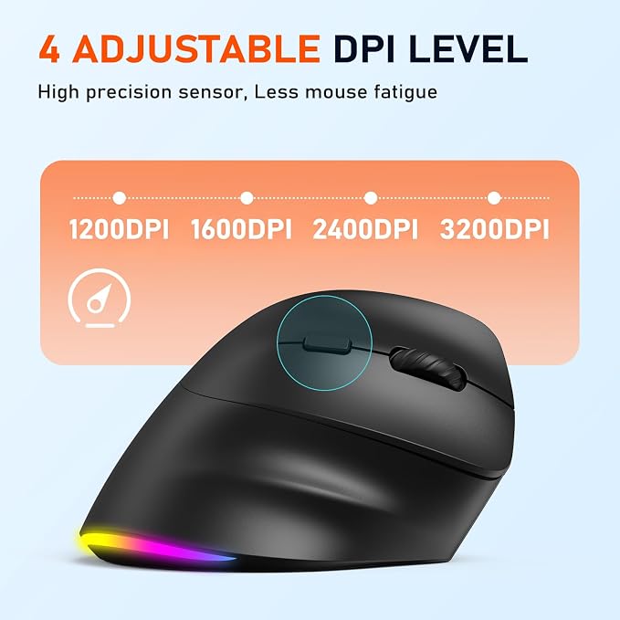 MEETION Ergonomic Mouse, Wireless Vertical Mouse RGB Backlit Rechargeable Mice for Bluetooth(5.2 + 3.0) & USB, 4 Adjustable DPI for Mac/Windows/Andriod/PC/Tablet/iPad, Black