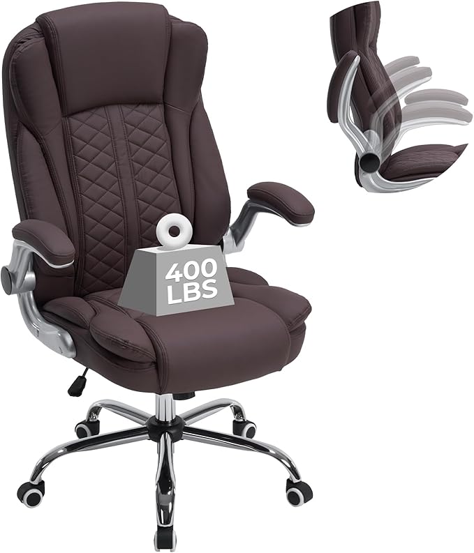 400lbs Executive Office Chair with Flip-Up Armrests, Big and Tall Computer Chair for Heavy People, Heavy Duty Ergonomic Comfy Chair, Breathable PU Leather (Darkbrown)