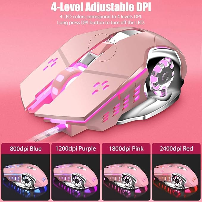 Pink Typewriter Keyboard and Mouse,Retro Vintage Mechanical Gaming Keyboard with White LED Backlit,104 Keys Anti-Ghosting Blue Switch Wired Cute Keyboard,Round Keycaps for Desktop PC/Laptop Mac