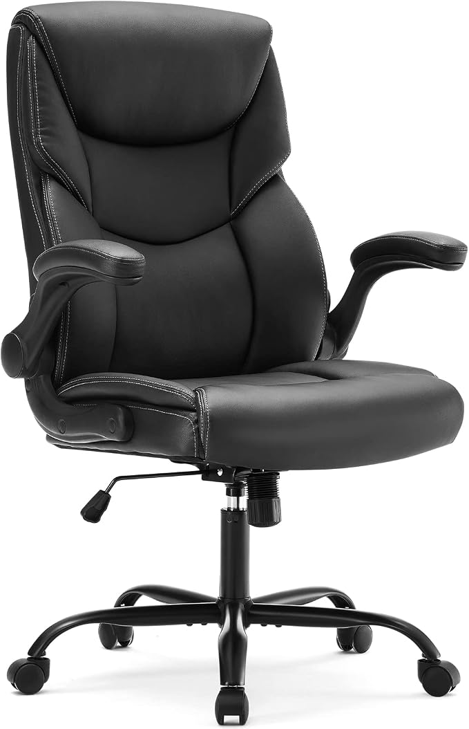 DUMOS PU Leather Office Chair - Ergonomic Executive Computer Desk Chairs with Adjustable Flip-up Armrest, Swivel Task Chair with Lumbar Support, Strong Metal Base,Inky