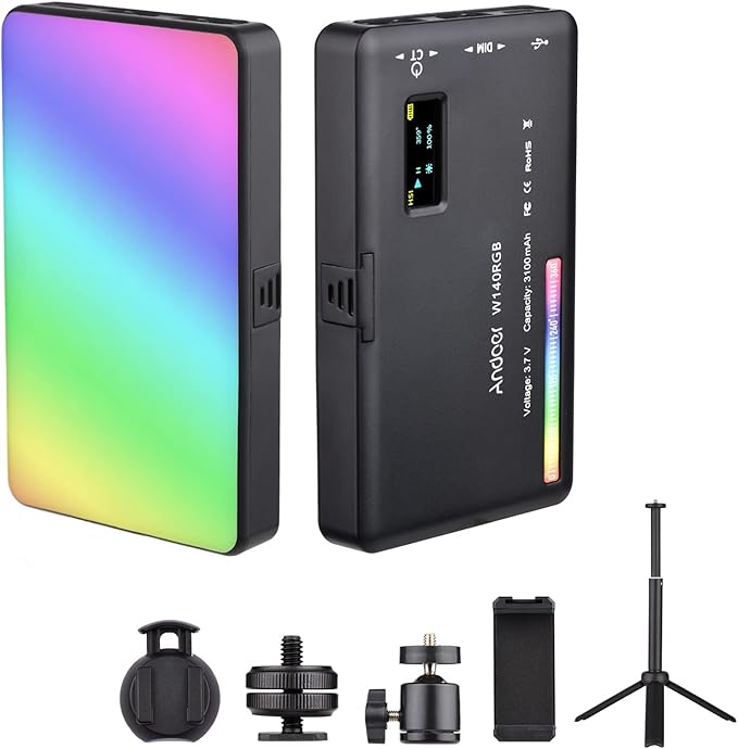 Andoer W140 RGB LED Video Light Kit Pocket Video Conference Lighting CRI95+ 2500K-9000K Dimmable 20 Lighting Effects with Desktop Tripod Ballhead Phone Holder Computer Clip Cold Shoe Adapter