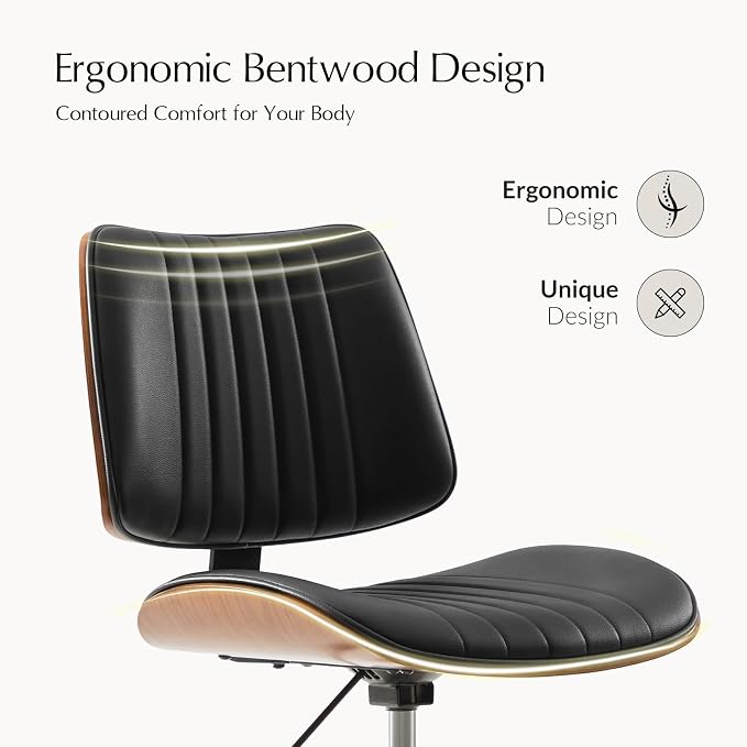 HULALA HOME Faux Leather Home Office Desk Chair No Wheels, Black | Mid-Century Modern Desk Chair with Wood Legs, 360° Swivel Computer Task Chair with Channel-Tufted Backrest, Height Adjustable