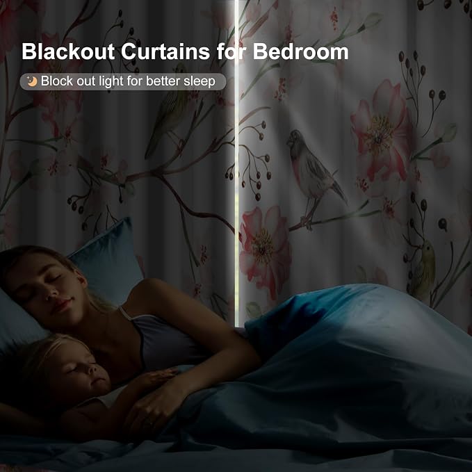 Blackout Curtains for Bedroom 84 Inches Long, Birds and Pink Floral Soundproof Blackout Curtains for Girls Room, Light Filtering Thermal Insulated Black Out Grommet Drapes 84 Inch Length 2 Panels Set