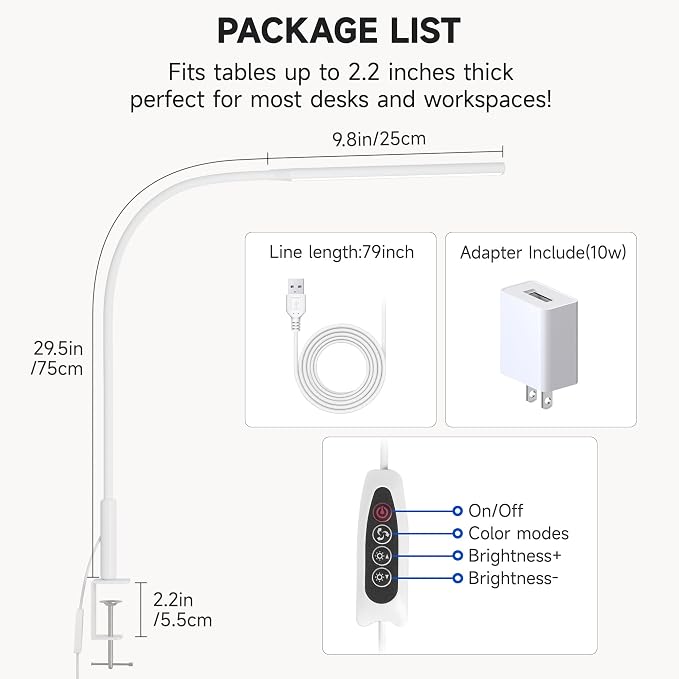 Desk Lamp with Clamp, Eye Caring Clip Light for Home Office, 3 Colors Stepless Dimming, Flexible Gooseneck Table Lamp with USB Adapter for Nail Reading Working Workbench Drawing Gaming (White Pro)