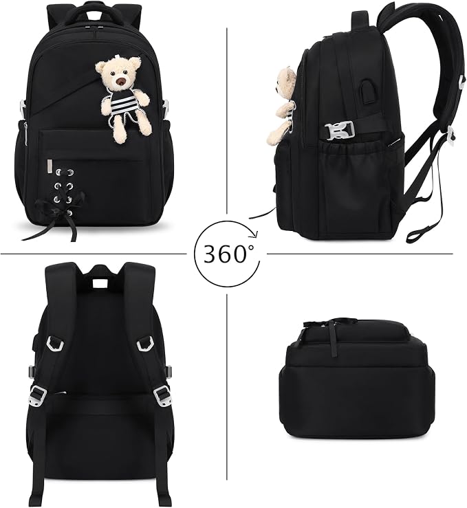 ACESAK School Backpack for Girls - 3 PCS Cute Girls Backpack with Lunch Box & Pencil Case - Kawaii Casual Kids Bookbag School Bag Daypacks Set for Elementary Middle High School Student Teens (Black)
