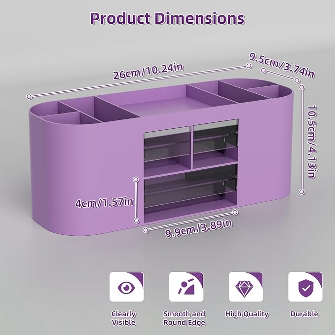Marbrasse Pen Holder for Desk with 3 Drawers, Multi-Functional Pencil Holder, Desk Organizers and Accessories with 7 Compartments for Home, School, Classroom (Purple)