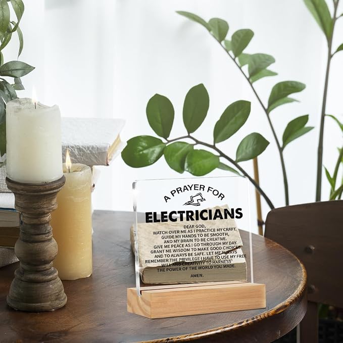 Electrician Gifts for Men Women Desk Accessories Decor Sign | Graduation Gifts for Electricians, Electrician Prayer, Home Office Living Room Desk Decor, Clear, Acrylic, 4 x 4 Inches