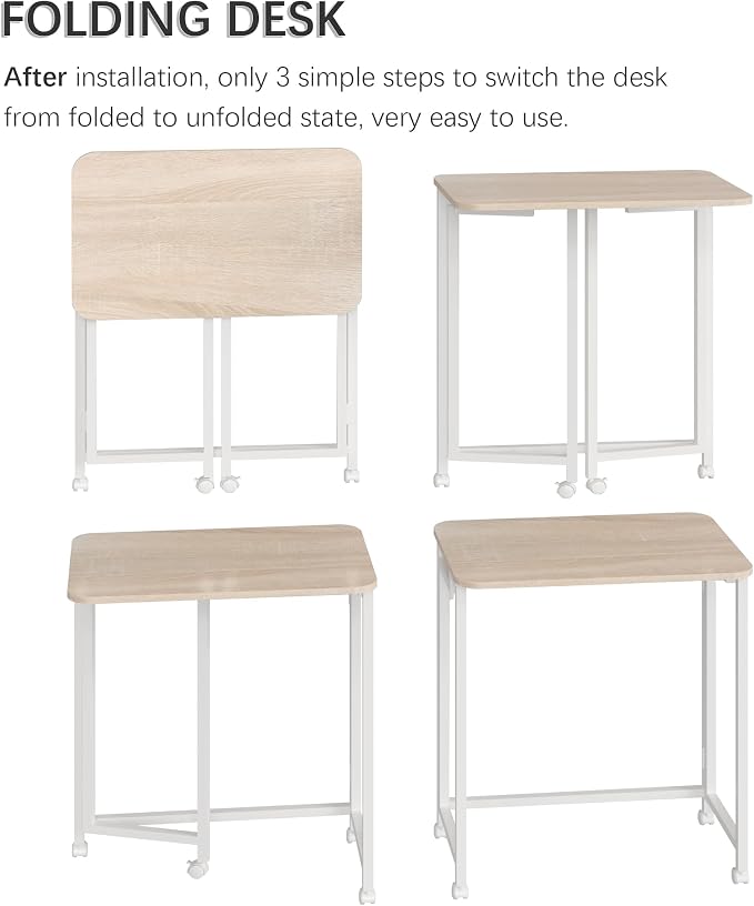 4NM 23.6" Mobile Small Rolling Computer Desk, Folding Laptop Cart Table with Wheels, Portable Office Desk for Small Space Couch Bed - Natural and White