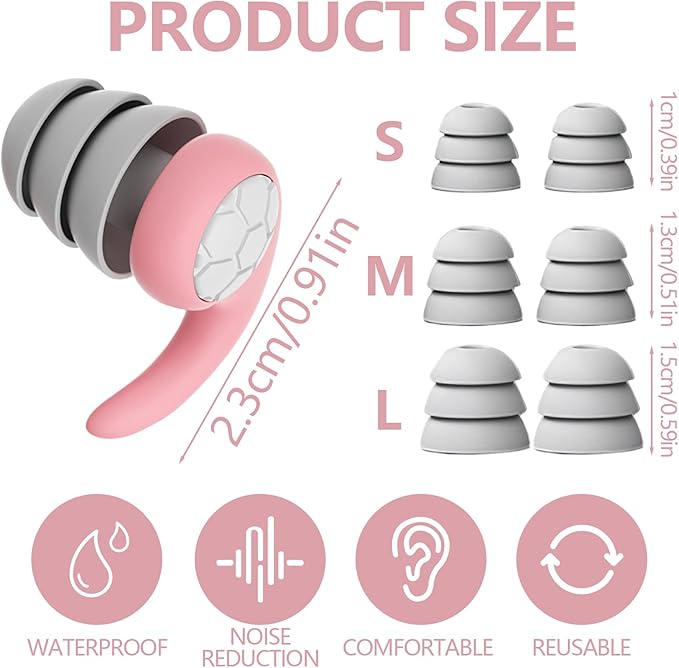 Noise Cancelling Ear Plugs for Sleeping - Pink Comfortable Reusable Silicone Earplugs for Sleep 24dB Noise Reduction Snoring and Studying Travel Concerts Hearing Protection with 3Tips and Storage Box