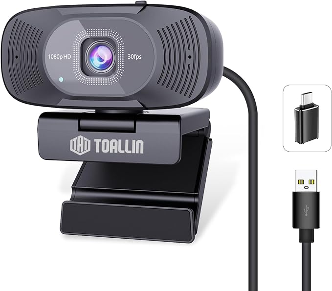 TOALLIN 1080P Full HD Webcam with Dual Microphones, Computer Web Camera, 90° Wide Angle View Without Distortion, USB Plug and Play Webcam for Video Conferencing/Online Calling/Live Streaming