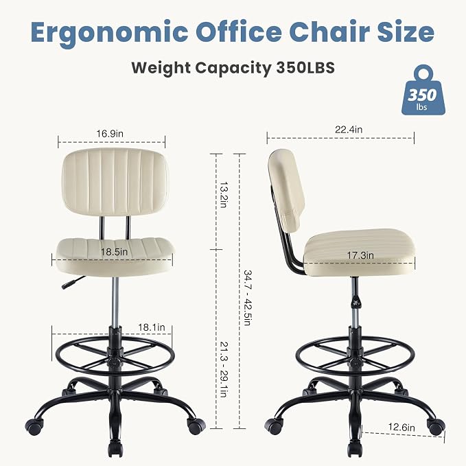 DUMOS Armless Drafting Chair, Low Back Office Seat with Adjustable Footrest Ring for Standing Desk, Ergonomic PU Leather Office Seating, Swivel Rolling High Stool for Studio, Lab, Counter, Beige