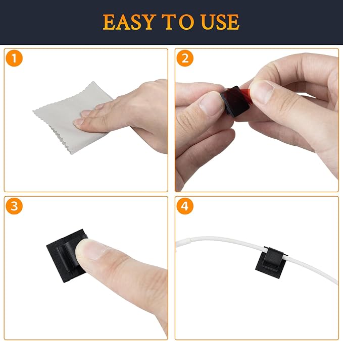 SOULWIT 50 Pcs Self Adhesive Cable Management Clips, Cable Organizers Sticky Wire Clips Cord Holder for TV PC Laptop Ethernet Cable Desktop Home Office (Clear)