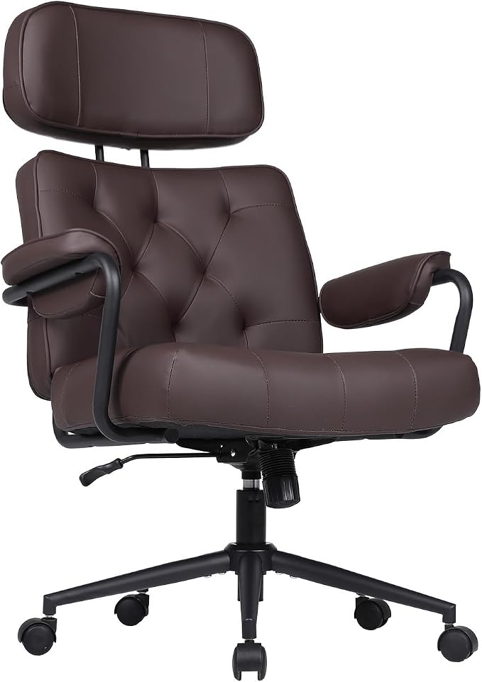Mid Century Modern Home Office Desk Chair, Ergonomic Office Chair Big and Tall, High Back Executive Office Chair Leather Extra Wide, Computer Chair Comfy, Adjustable Height Rolling Chair, Brown