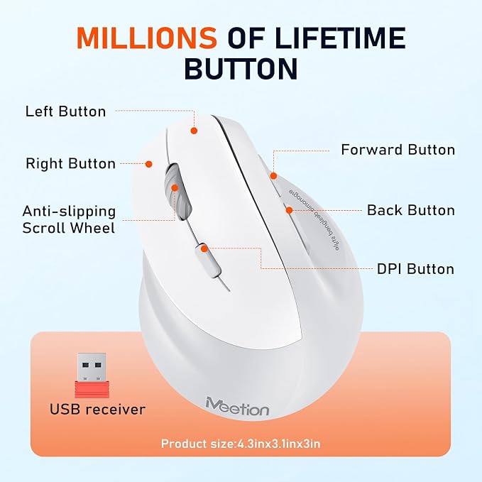 MEETION Left-Handed Ergonomic Wireless Vertical Mouse with RGB, Bluetooth (5.2 + 3.0) & 2.4G USB, 4 Adjustable DPI for Mac/Windows/PC/Tablet/iPad, Gray