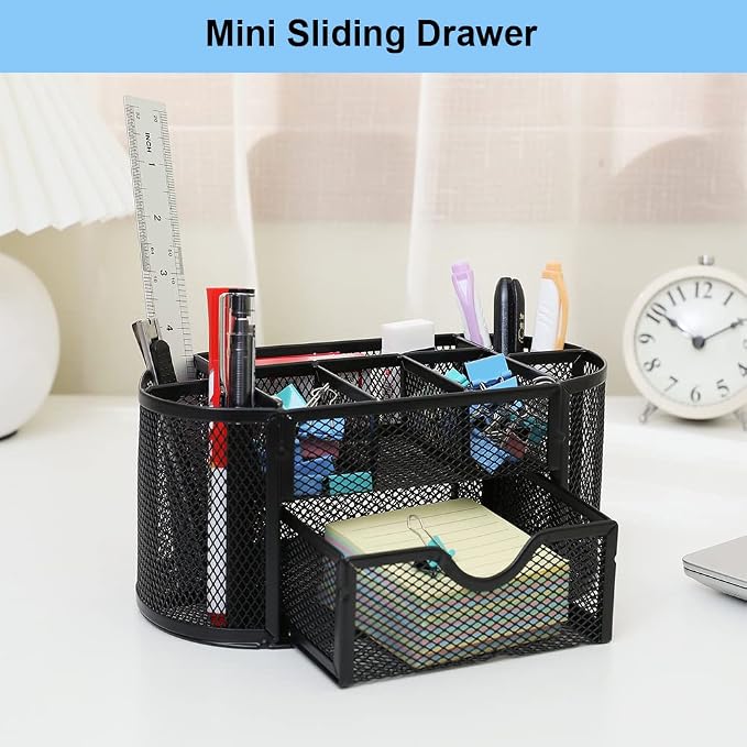 Desk Organizer Stationery Storage, Pencil Holder for Desk, Wire Mesh Office Supplies Desk Accessories Workspace Organizers with 9 Compartments and Mini Drawer (Black)