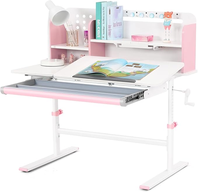39in Wide Adjustable Height Kids Desk with Tilting Desktop, Bookshelf Hutch | Height-adjustable study desk with steel frame, drawer and bookshelf hutch for reading, writing and drawing, Ages 3-12