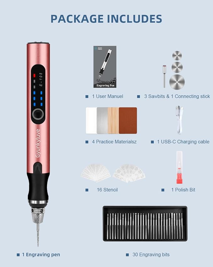 Upgraded Electric Engraving Pen, Wireless Engraving Pen Kit with 34 Bits & 3-Speed Adjust, Practice Materialse & Stencil, Rotary Tool for 60+ Surfaces Cordless Engraver Pen for Artists & DIY (Pink)