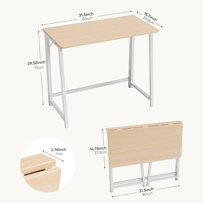 Simple Deluxe 31.5 Inch Folding Desk, Foldable Computer Table for Small Spaces, Metal Frame Gaming Writing Work Station, Mini Home Office Surface, White