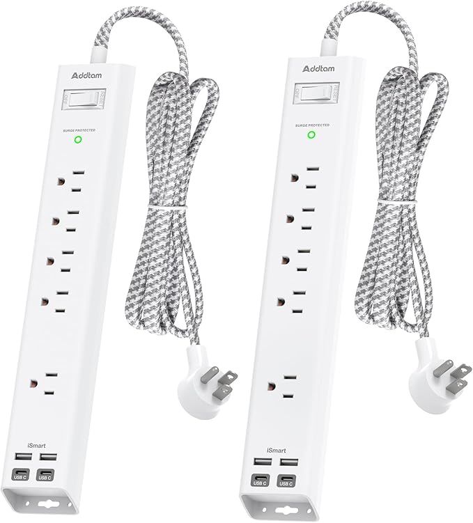 2 Pack Surge Protector Power Strip - 5 Widely Spaced Outlets 4 USB Ports, 5Ft Extension Cord, Flat Plug, Wall Mount Outlet Extender, Desk Charging Station for Home Office College Dorm Room Essentials