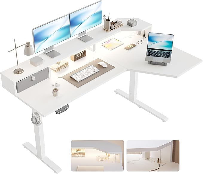 Agilestic 63 Inch L Shaped Electric Standing Desk with Shelf, Height Adjustable Large Desk with Power Outlet & LED, Corner Sit Stand Up Table with Monitor Stand, Computer Workstation, White