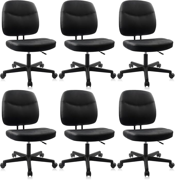 CLATINA Armless Home Office Chair, Small PU Leather Ergonomic Low Back Desk Chair with Lumbar Support and Wheels, Adjustable Height 360° Swivel Rolling Computer Task Chair, Black, 6 Pack