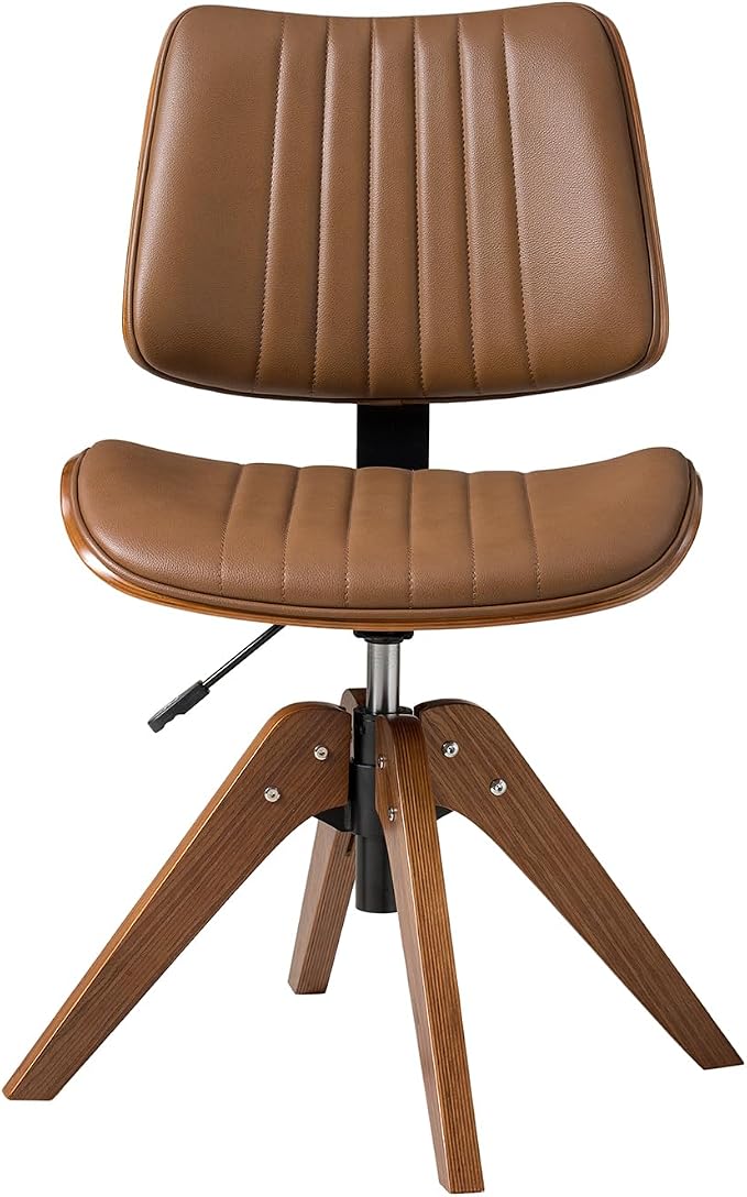 HULALA HOME Faux Leather Home Office Desk Chair No Wheels, Camel | Mid-Century Modern Desk Chair with Wood Legs, 360° Swivel Computer Task Chair with Channel-Tufted Backrest, Height Adjustable
