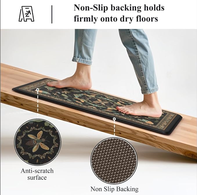 KIMODE Kitchen Mats for Floor 2 Piece Cushioned Anti Fatigue Kitchen Rugs | 17 x29+17"x47", Black,Vintage Butterfly,Non Slip Waterproof,Memory Foam,Standing Mats,for Laundry Sink Office Home Decor
