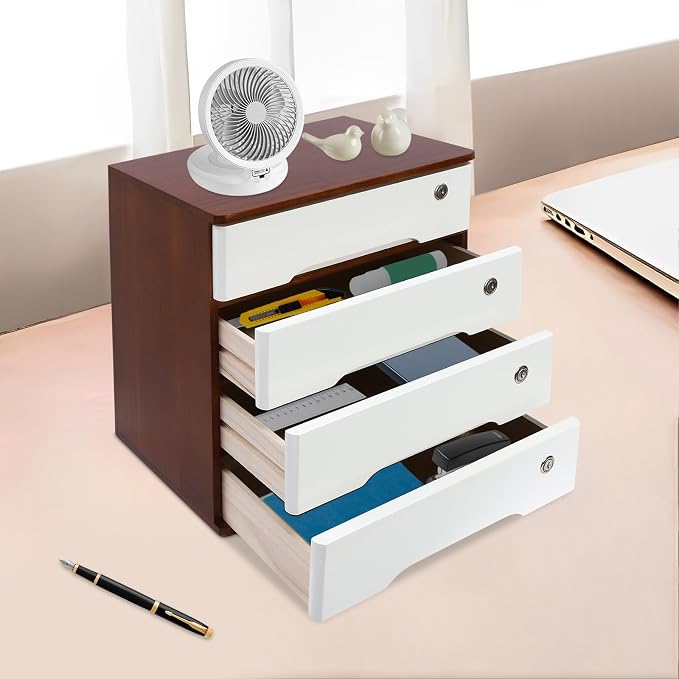 4-Tier Desktop Storage Box with Lockable Drawer, Wooden Desk Organizer for Office Supplies, Flat File Cabinet, Minimalist Design for Home & Office Use(Walnut+White)