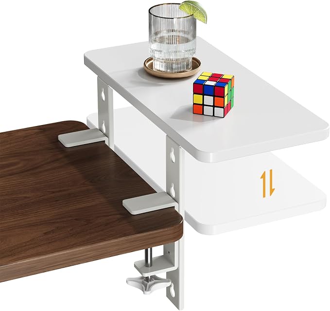3 in 1 Clamp-on Desk Extender Shelf, 15.7×7.5 Inch, White | Adjustable Desk Riser for Monitor & Keyboard, Heavy-Duty Side/Top Desk Organizer Shelf, Desktop Storage for Office Supplies