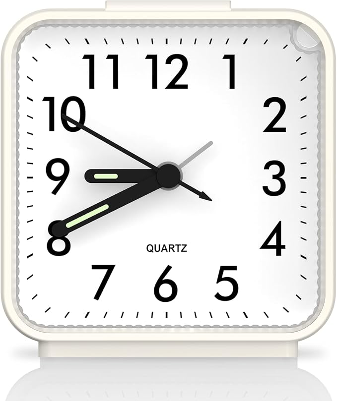 Analog Alarm Clocks, Non Ticking Table Clock with Luminous Hand & Large Display, Battery Powered Silent Bedside Alarm Clock with Night Light Function & Snooze, for Bedroom, Office (White)
