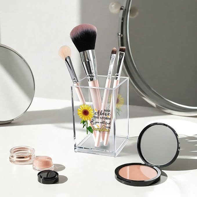 Rise Above The Storm and You Will find The Sunshine Acrylic Cosmetic Pencil Pen Holder Cup, Positive Sunflower Desk Organizer Accessories for Home Office Decor, Motivational Gifts for Women Girl