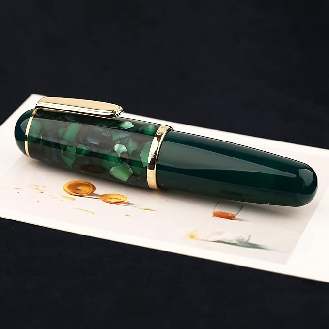 Lanxivi Majohn Q1 Fountain Pen Extra Fine Nib Green Acrylic, Little Fat Man Eyedropper Filling Pocket Pen Large Capacity