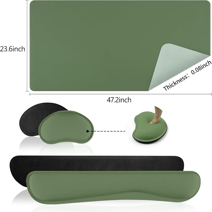 Green Leather Desk Pad and Keyboard Wrist Rest, 47.2"x23.6" | 3in1 Mouse pad + Keyboard Wrist Rest + Mouse Wrist Rest, Non-Slip Waterproof Desk Writing Pad for Office and Home