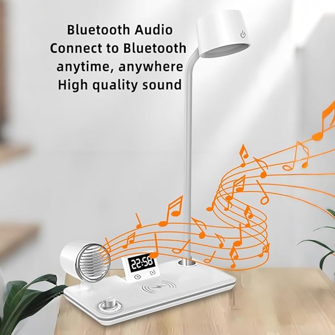 IHAO Smart LED Desk Lamp with Wireless Charger & Bluetooth Speaker, 15W Fast Charging Station for Phone & Earbuds Touch Control 3 Light Modes Alarm Clock Adjustable Eye-CareTable Lamp-HYT1772 White